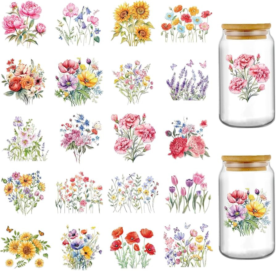 Floral UV DTF Cup Wraps - 20 Sheets Flowers Uvdtf Tumbler Wrap for 16 20 oz Glass Coffee Cups, Su... | Amazon (US)