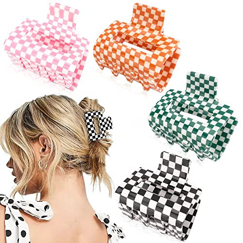 Ahoney 4 Pack Checkered Hair Claw Clips for Thin Hair Y2k Hair Accessories 2" Small Hair Clips for Thick Hair Cute Hair Clips for Women Girls | Amazon (US)