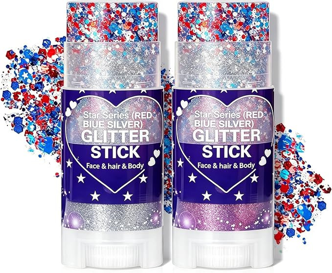 Patriotic Red White and Blue Glitter Stick 2 Pack, Face & Body Glitter Makeup for Women and Girls... | Amazon (US)