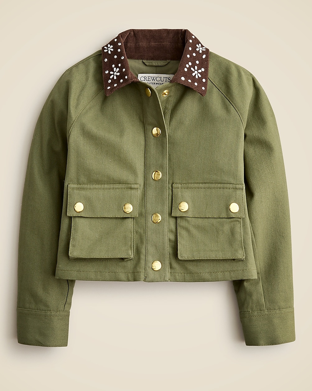 Girls' flower-embellished cropped Barn Jacket™ in stretch herringbone | J. Crew US