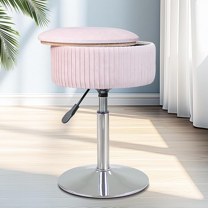 Adjustable Vanity Stool with Storage, 360° Swivel Vanity Chair, Velvet Small Round Ottoman Footr... | Amazon (US)