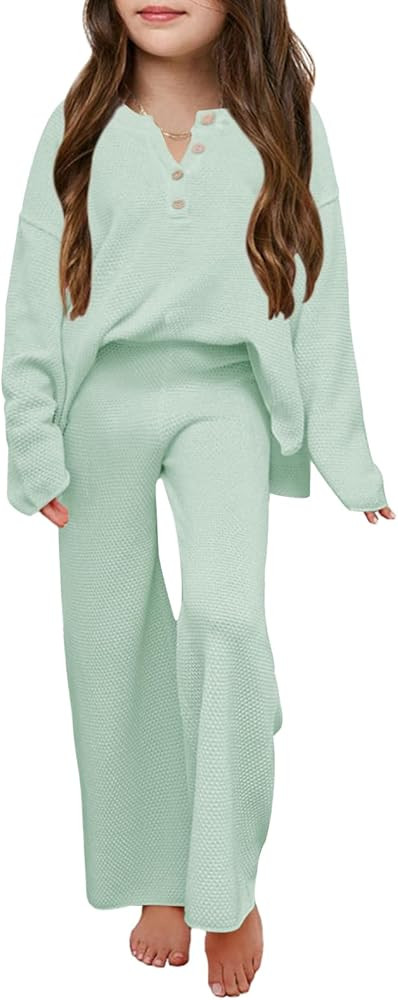 Haloumoning Girls 2 Piece Outfit Set Long Sleeve Button Knit Pullover Sweater Top and Wide Leg Pa... | Amazon (US)