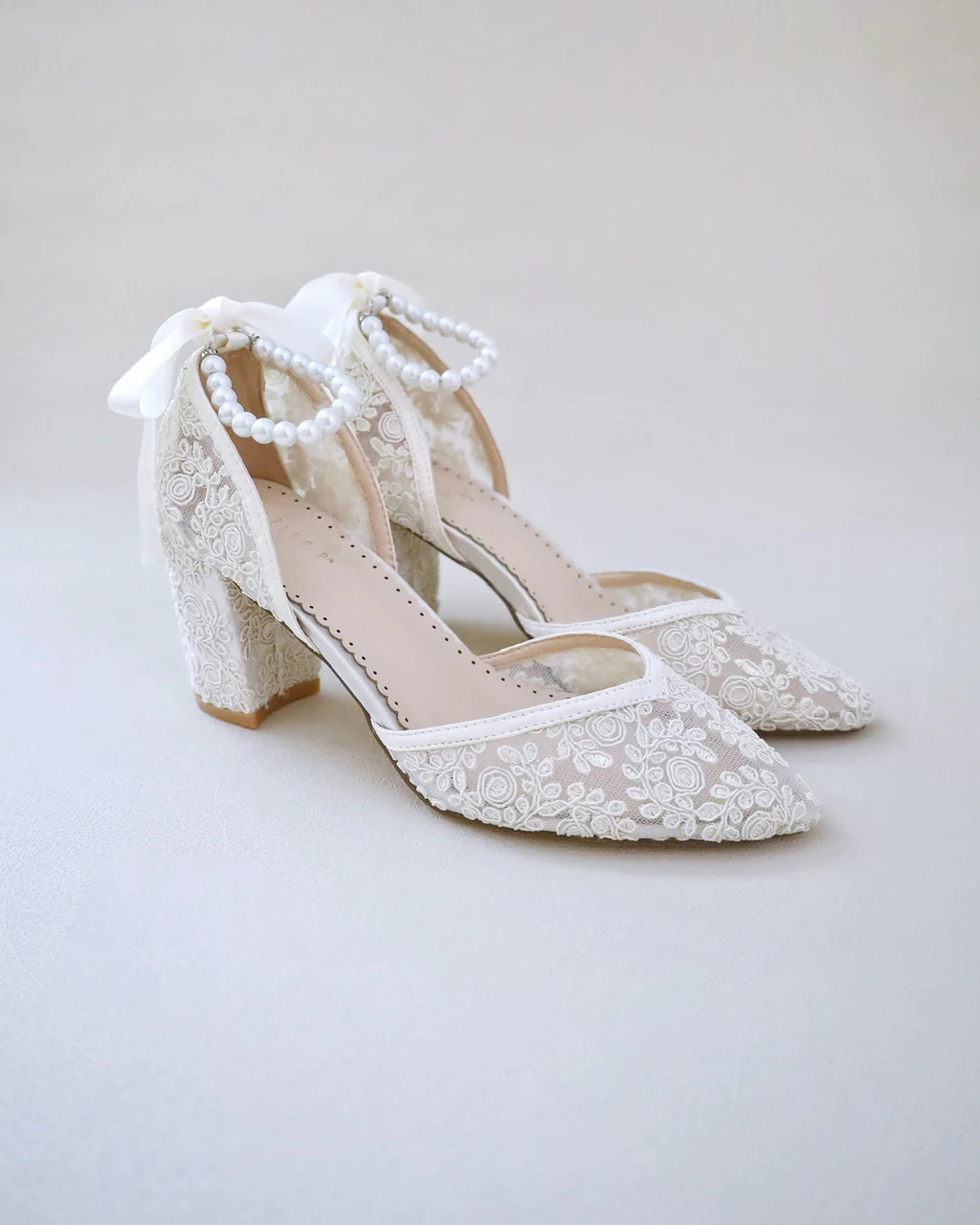 Bridal Lace Block Heel with All Pearls Ankle Strap | Kailee P.