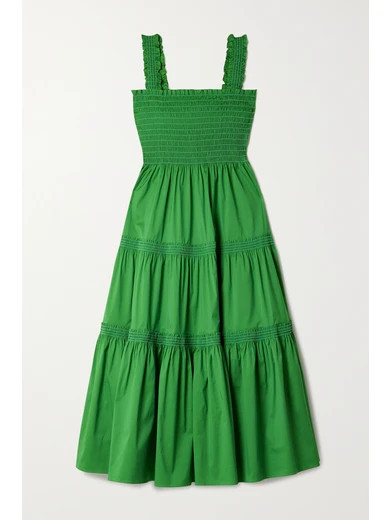 Tory Burch - Tiered Shirred Cotton-blend Poplin Midi Dress - Green | NET-A-PORTER (US)