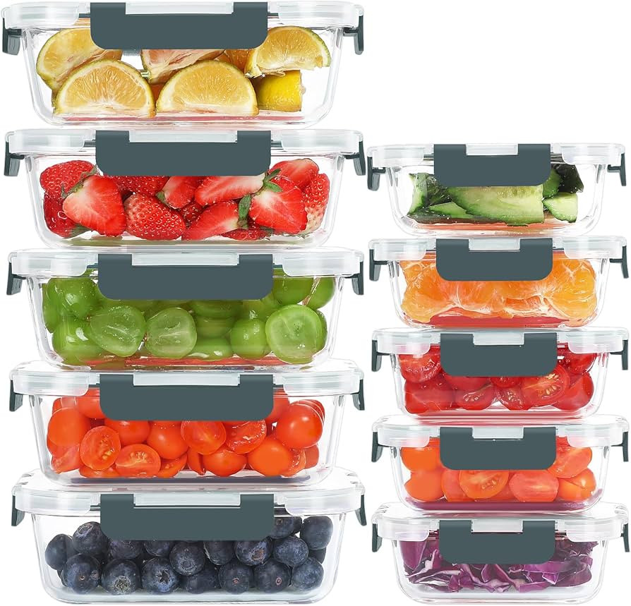 KOMUEE 10 Pack Glass Food Storage Containers, Meal Prep Containers with Lids, Airtight Glass Lunc... | Amazon (US)