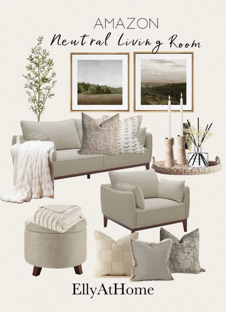 Amazon home neutral living room styled space. Artwork, sofa, arm chair, olive tree, cozy and comfy neutral throw pillows and blankets, woven, coastal tray, marble candleholders, fragrant diffuser. Free shipping. 

#LTKfindsunder50 #LTKhome #LTKsalealert