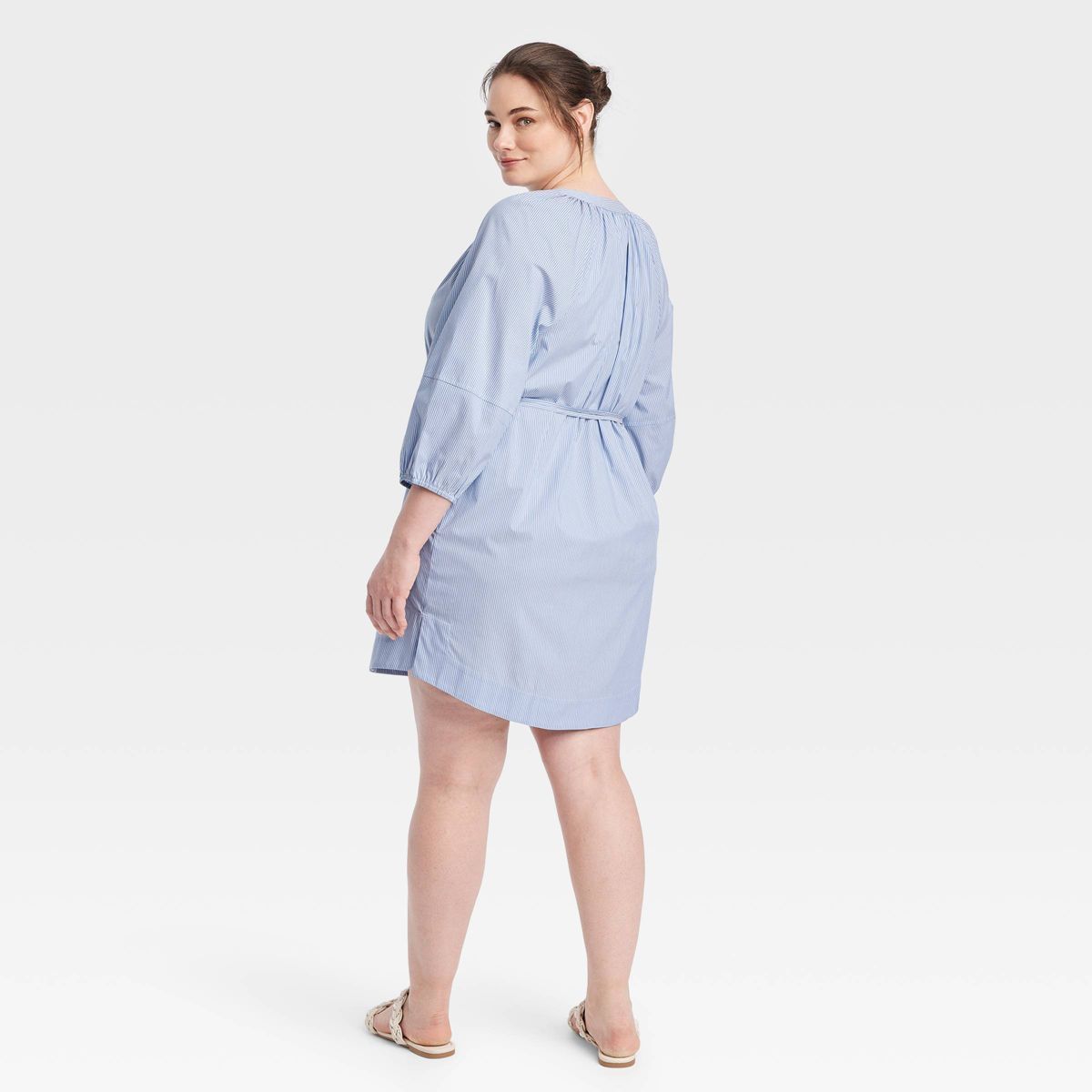 Women's Balloon 3/4 Sleeve Mini Shirtdress - A New Day™ Blue/White Pinstripe 3X | Target