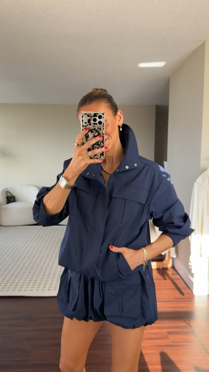 Wore this jacket in brown to travel to Chicago over the weekend and wearing the navy with this diaper shorts! I feel like the shorts are super flattering and I’ve been loving this trend, this set goes so well together or separate — wearing xs for both

#LTKSeasonal #LTKTravel #LTKActive
