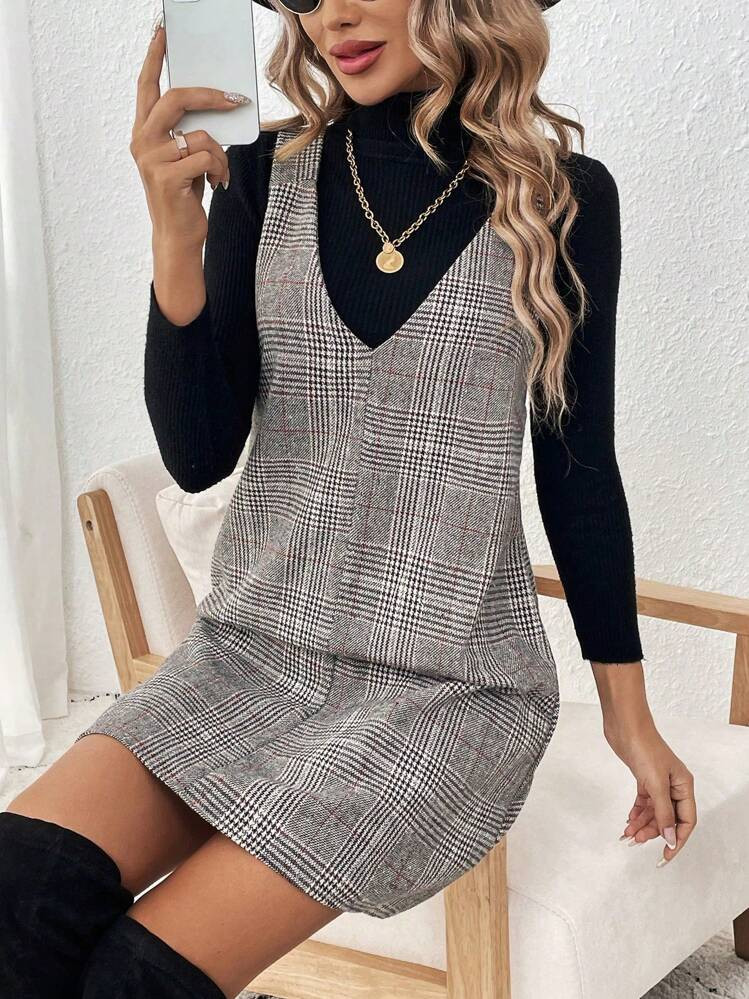 SHEIN LUNE Stylish Everyday Wear, Plus Size Women's Loose Jacquard Plaid Suspender Dress Winter C... | SHEIN