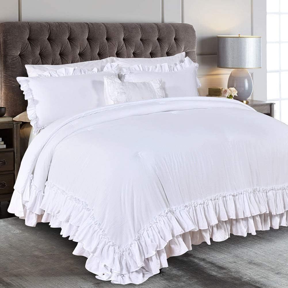 Queen's House Farmhouse Ruffled Comforter Set,White Lightweight Fluffy Comforter,Microfiber Inner... | Amazon (US)
