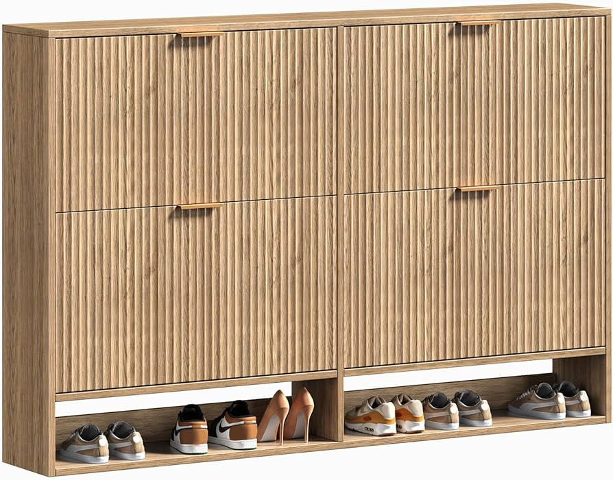 47.2W Oak Shoe Storage Cabinet for Entryway with 4 Flip Drawers, Fluted Slim Shoe Cabinet, Free S... | Amazon (US)