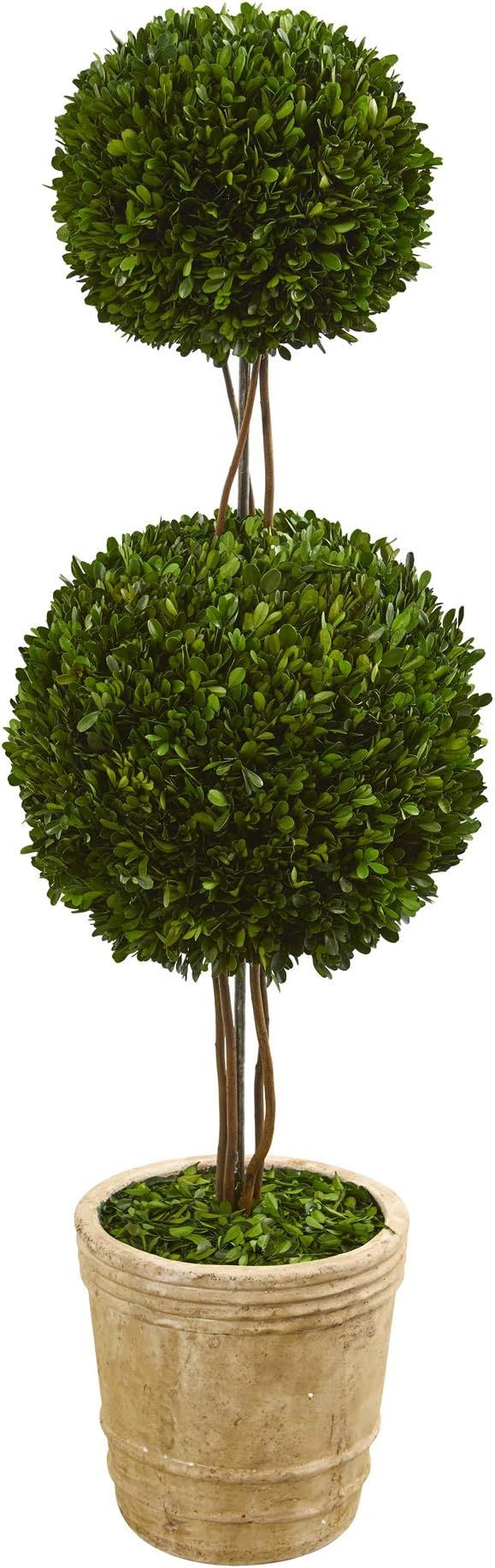 Nearly Natural 4ft. Preserved Boxwood Double Ball Topiary Planter Silk Trees, Green | Amazon (US)