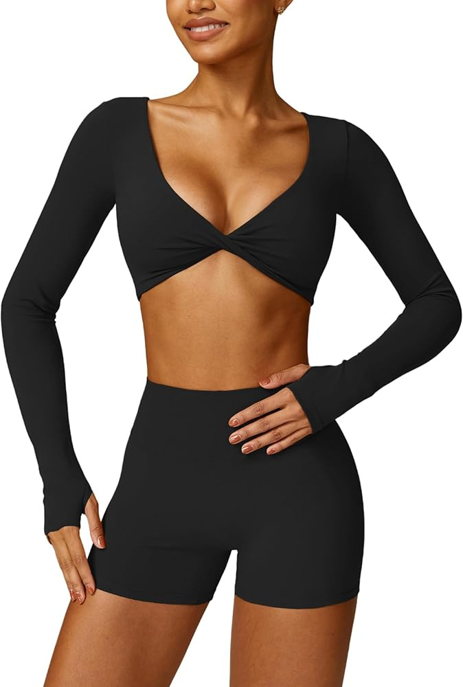 ABOCIW Workout Sets for Women 2 Piece Square Neck Long Sleeve Crop Tops High Waist Biker Shorts G... | Amazon (US)