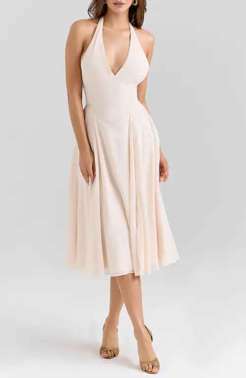 HOUSE OF CB Solada Halter Georgette Midi Dress in Vintage Cream at Nordstrom, Size Large A | Nordstrom