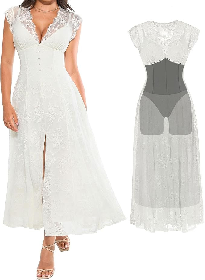 Popilush Women's Lace Formal Cocktail Sleeveless V Neck Maxi Shapewear Dress Wedding Guest Mother... | Amazon (US)