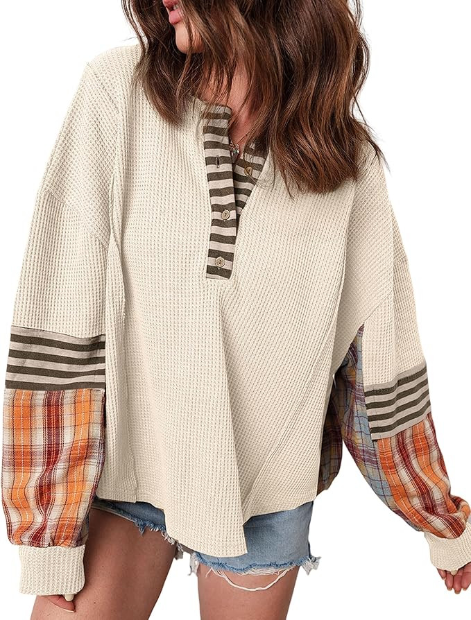 SELINK Womens Long Sleeve Henley Shirts Casual Waffle Stripe Plaid Patchwork Sweatshirts Knit Top... | Amazon (US)