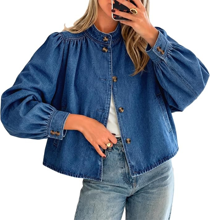 Womens Puff Long Sleeve Jean Jacket Casual Stand Collar Button Down Denim Jackets Loose Fit Tops | Amazon (US)