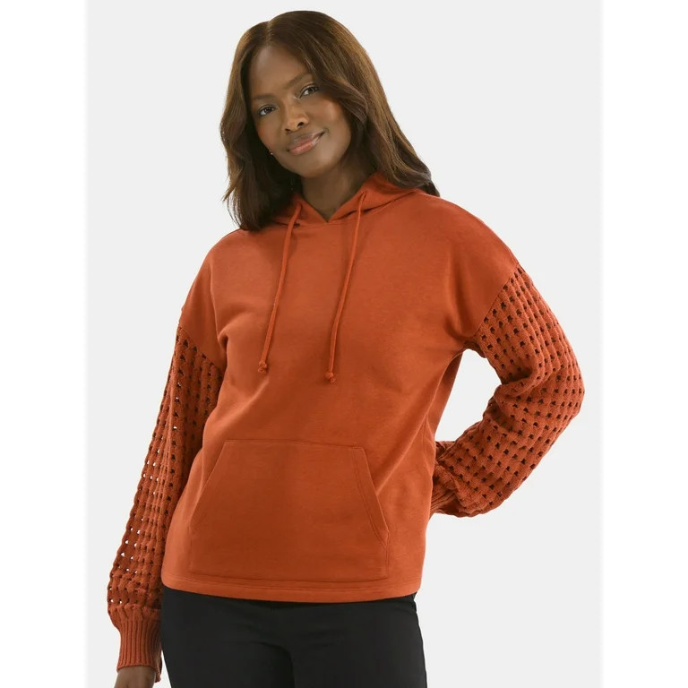 Time and Tru Women's Fleece Hoodie with Crochet Long Sleeves, Sizes XS-XXXL - Walmart.com | Walmart (US)