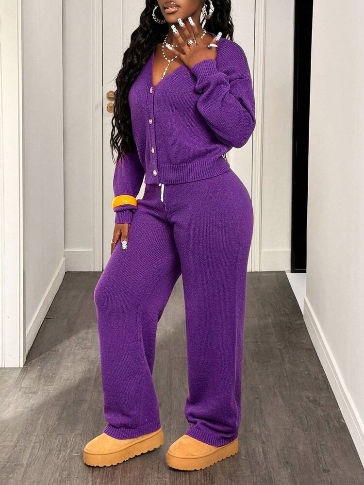 BamGleam 2pcs Women Knit Sweater Set, Purple Cardigan Long Sleeve V-Neck Casual Loose Jacket And Loose Solid Color Pants Fall Winter Cloth For Women | SHEIN