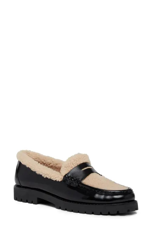 PAIGE Eliis Genuine Shearling Penny Loafer in Black at Nordstrom, Size 6 | Nordstrom