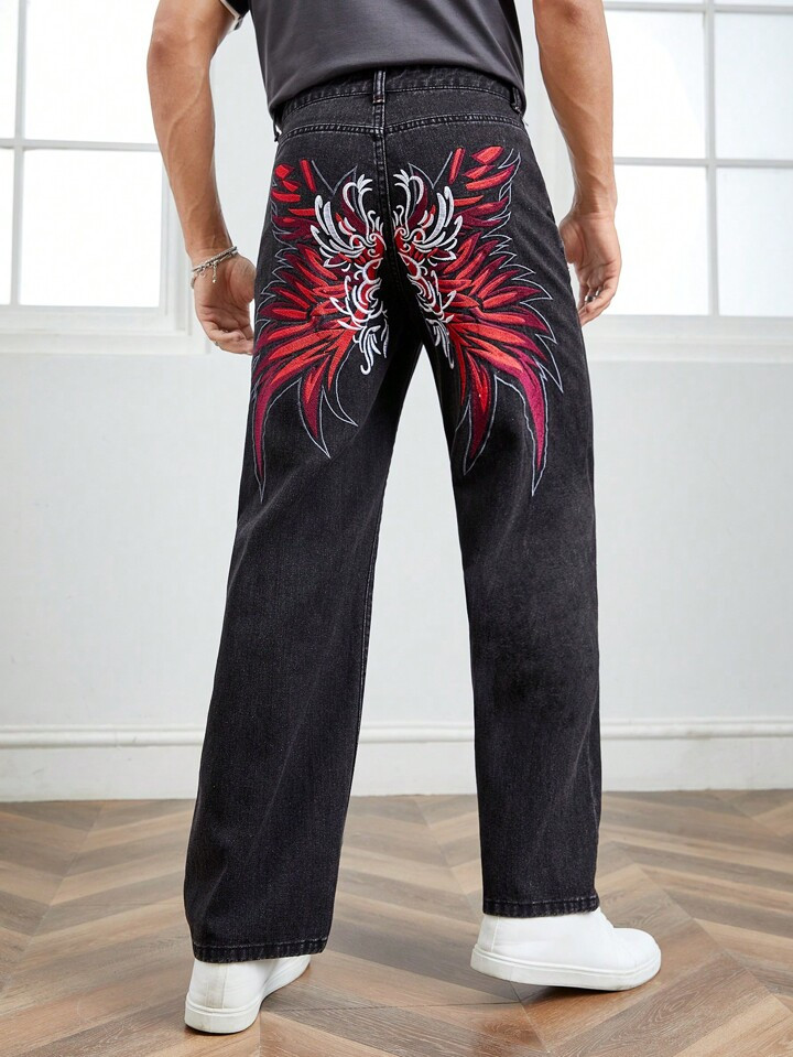 Manfinity EMRG Men Cotton Embroidery Wings Pattern Straight Leg Jeans | SHEIN