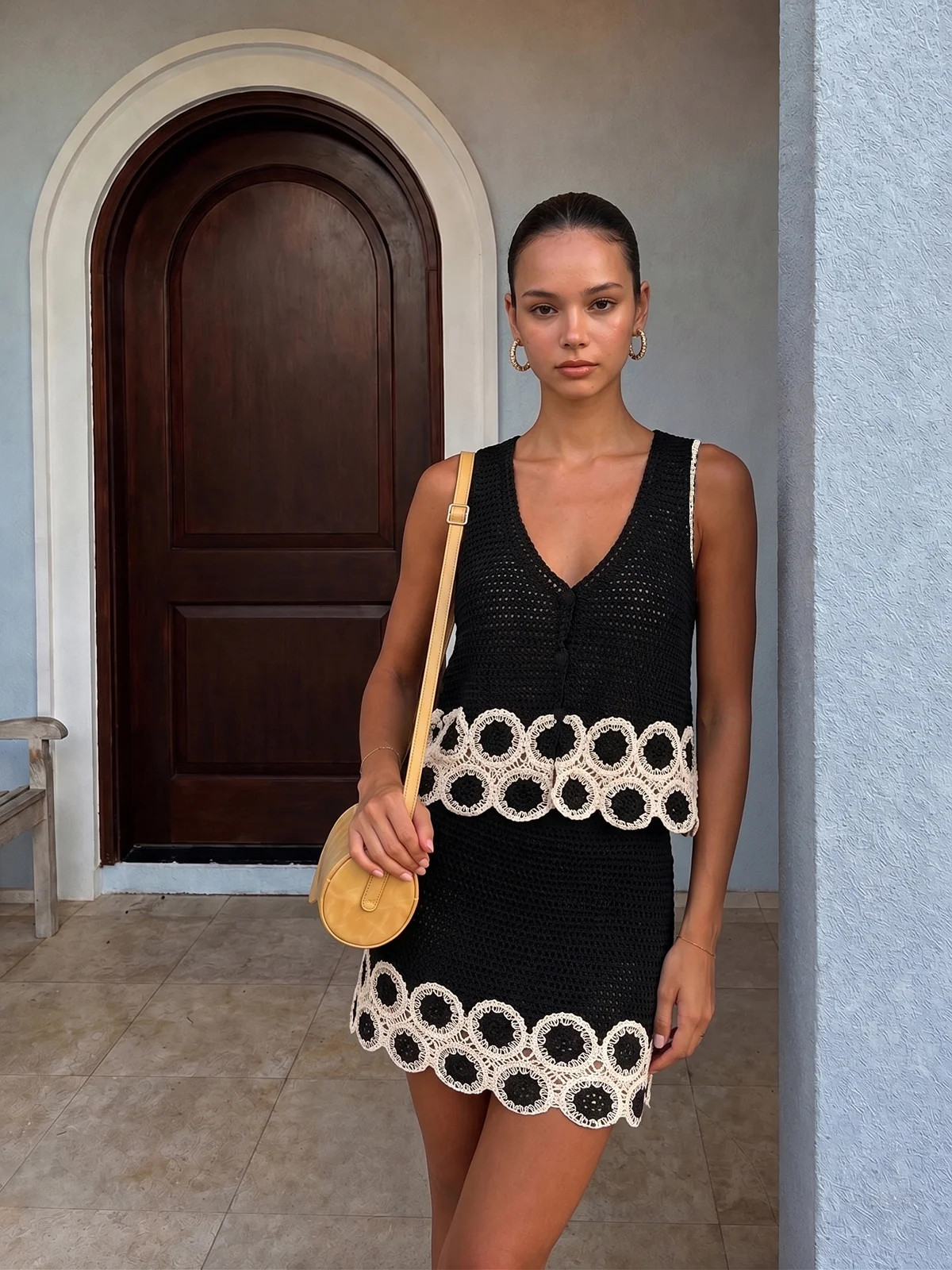 Crochet Lace Trim Sleeveless Vest & Mini Skirt Set | Commense