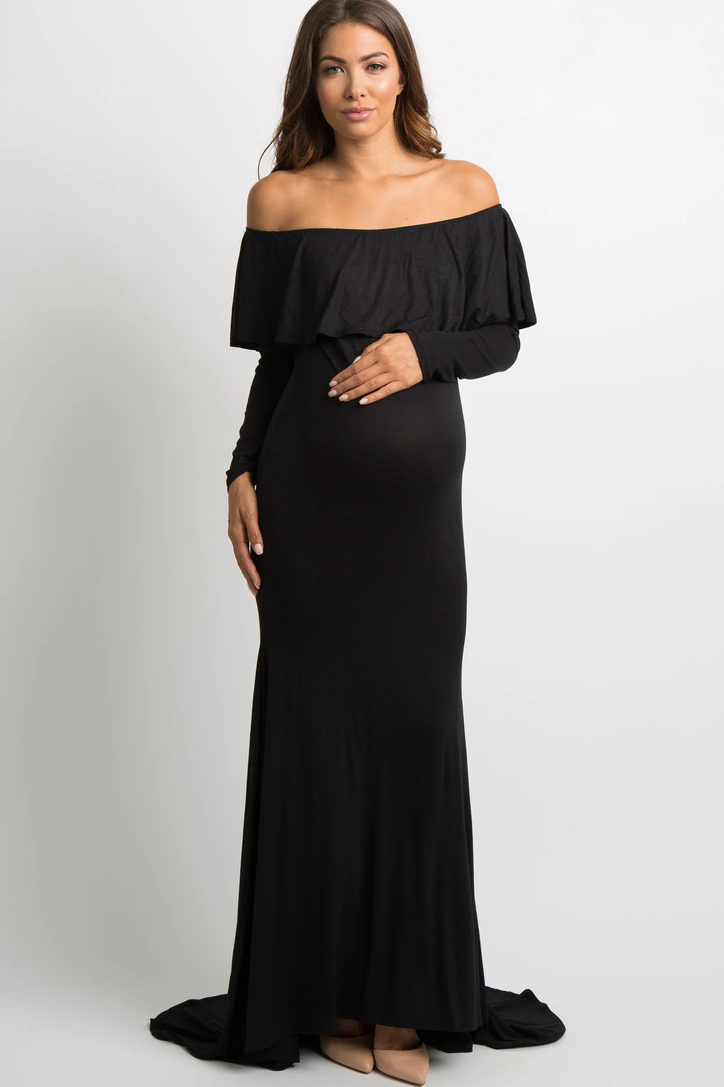 Black Off Shoulder Ruffle Maternity Photoshoot Gown/Dress | PinkBlush Maternity