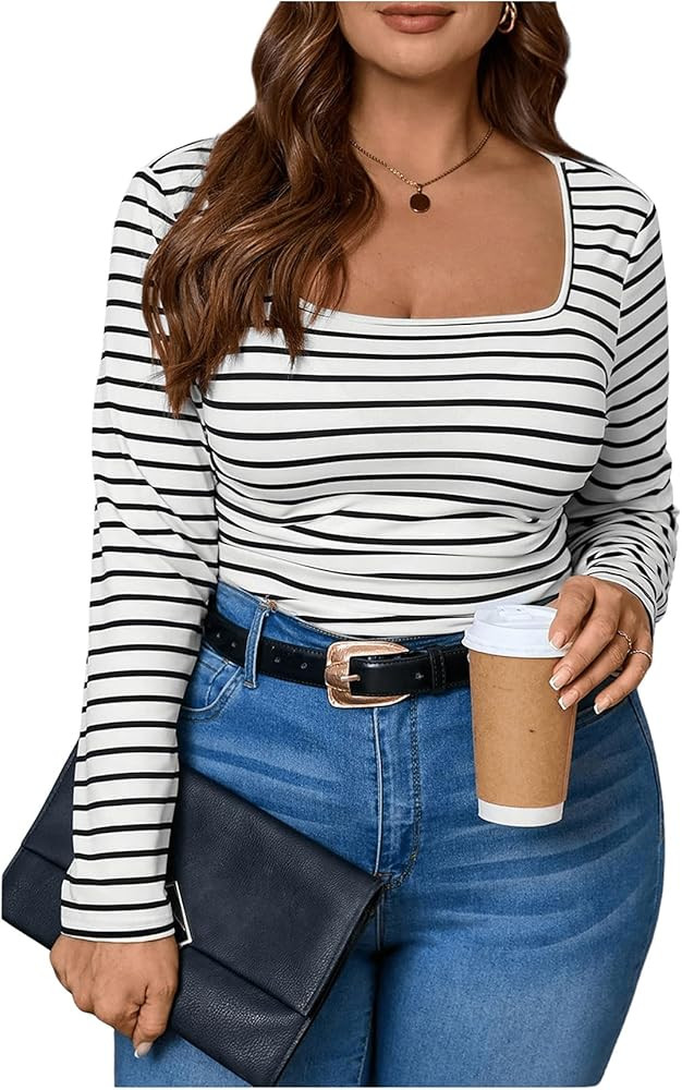 Milumia Women's Plus Size Striped Square Neck Long Sleeve Tops Casual Tee Shirt Top | Amazon (US)