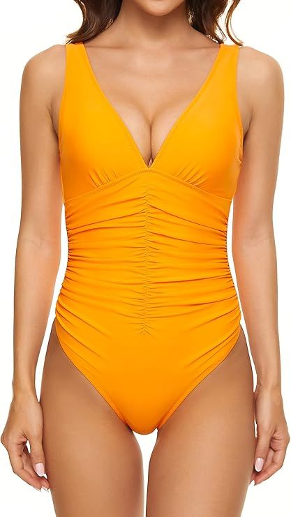 ZETIAN Ruched Front Tummy Control One Piece Swimsuits for Women Classic V Neck Bathing Suit | Amazon (US)