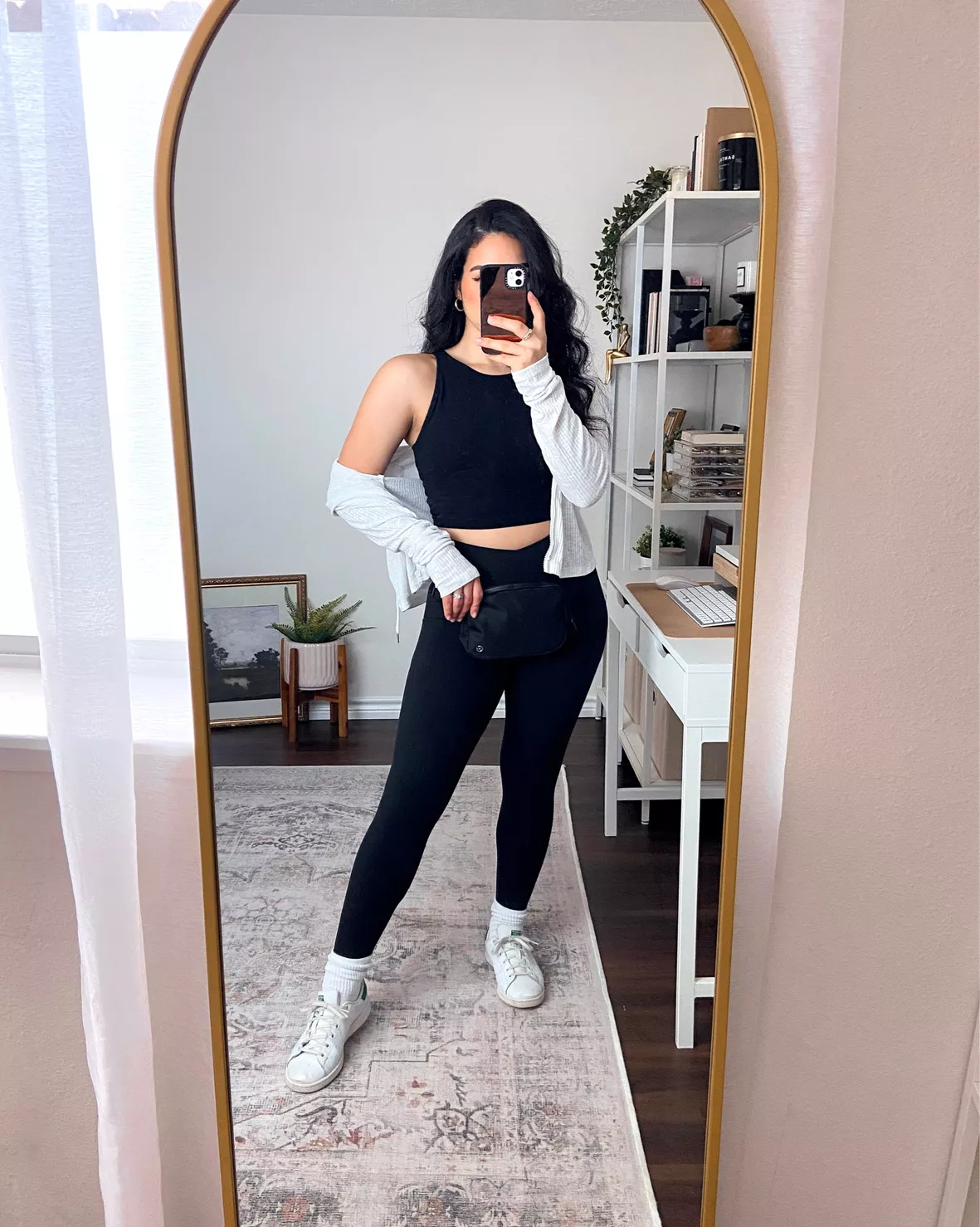 Stylish Workout Outfit: White Jacket and Black Leggings