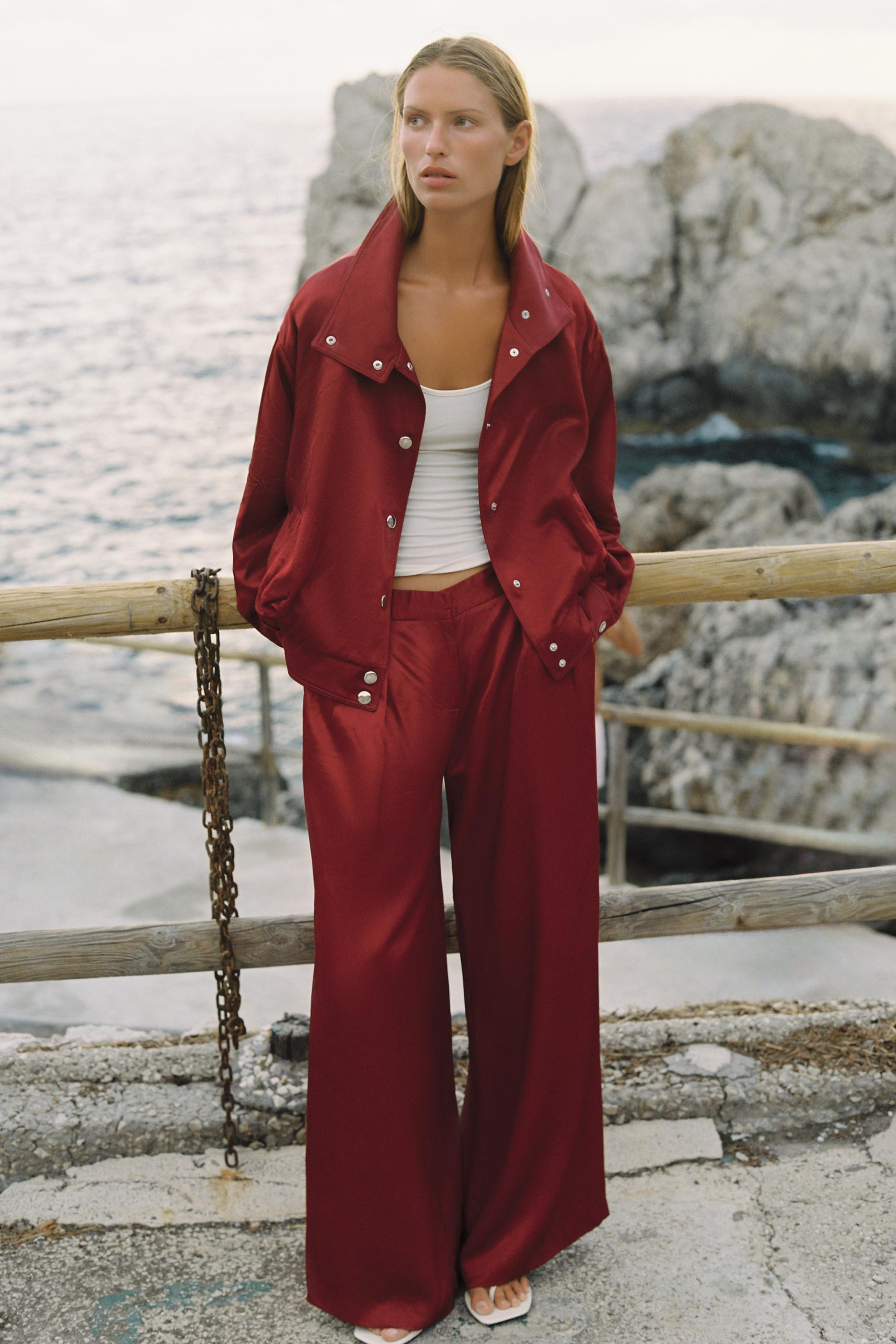 Zara - Stand-Up Collar Bomber Jacket - Burgundy - Xl - Woman | Zara US