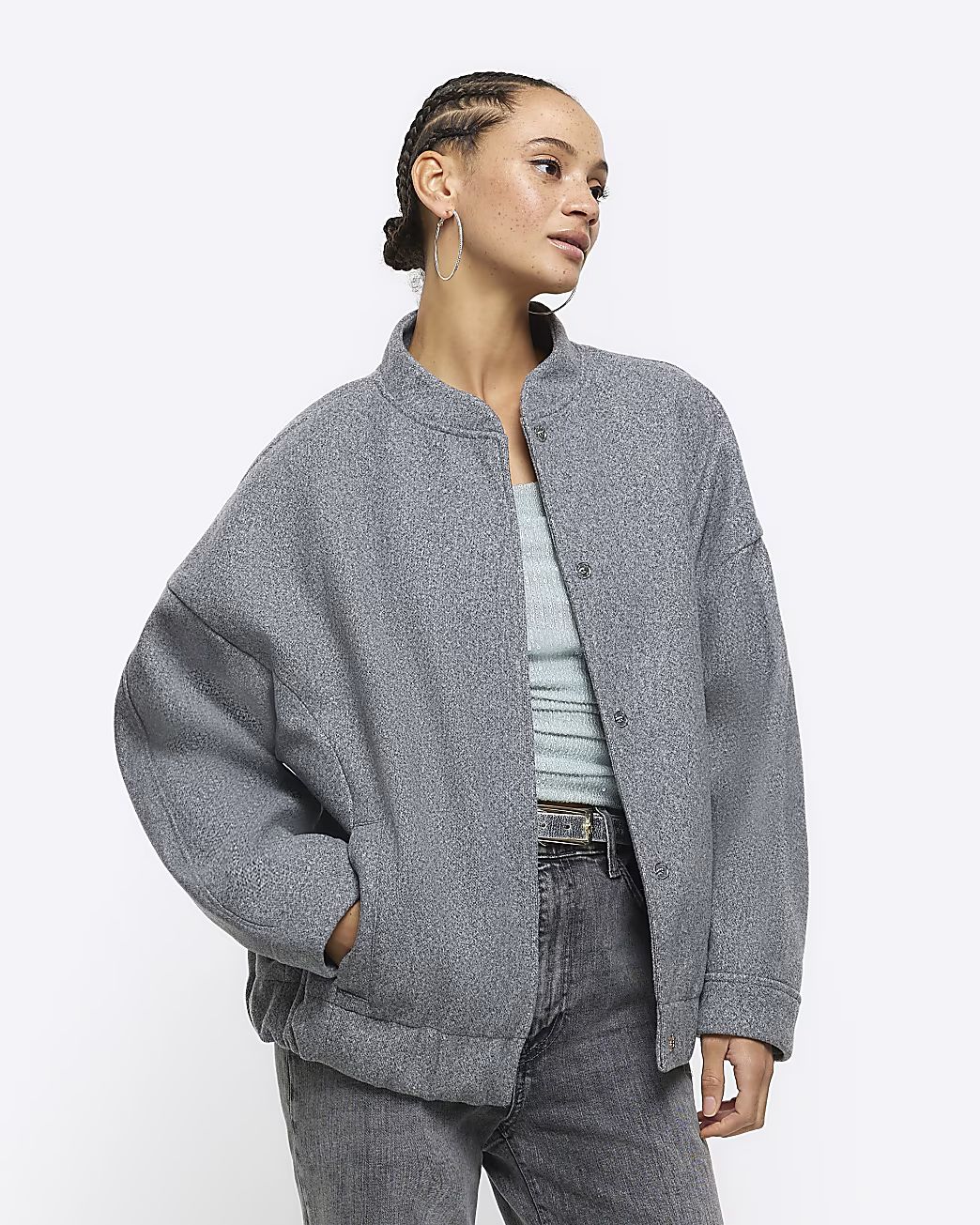 Grey faux wool bomber jacket | River Island (US)