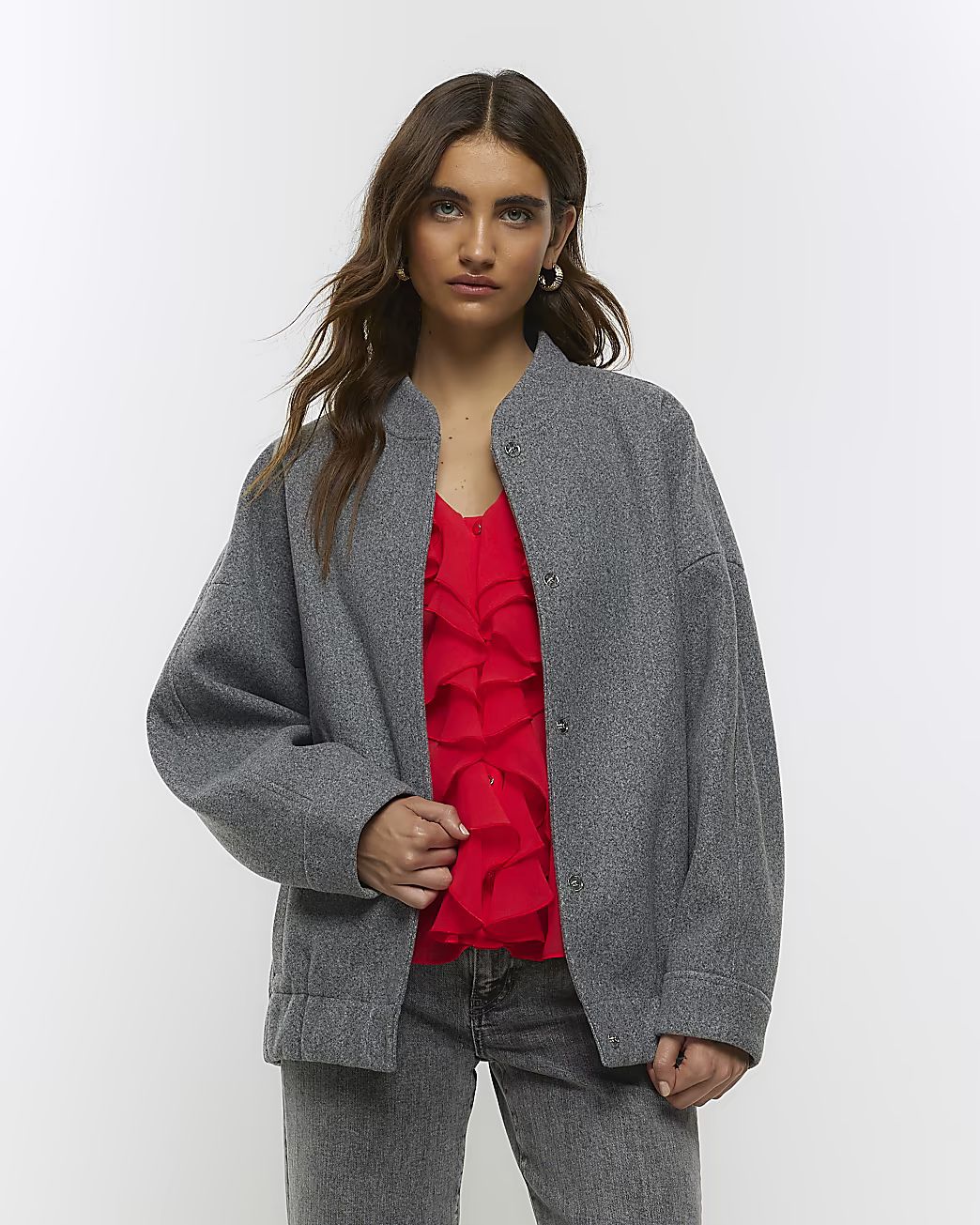 Grey faux wool bomber jacket | River Island (UK & IE)