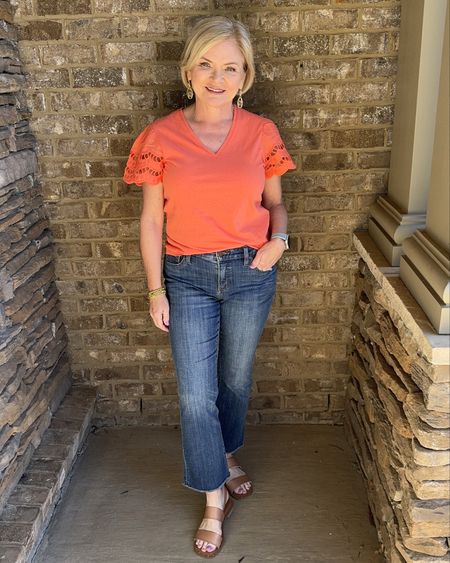 Tee shirt & jeans, but make it cute! Love the bright pop of color this Chico's tee has plus the in-trend eyelet sleeves!  Wearing it with Chico's So-Slimming Girlfriend ankle crop jeans & sandals from Target. 
Shirt-small, jeans Chicos size 00 (2 regular)

Jeans outfit
Eyelet
Spring outfit
Casual outfit
Petite 
Sandals


#LTKover40 #LTKstyletip #LTKfindsunder100