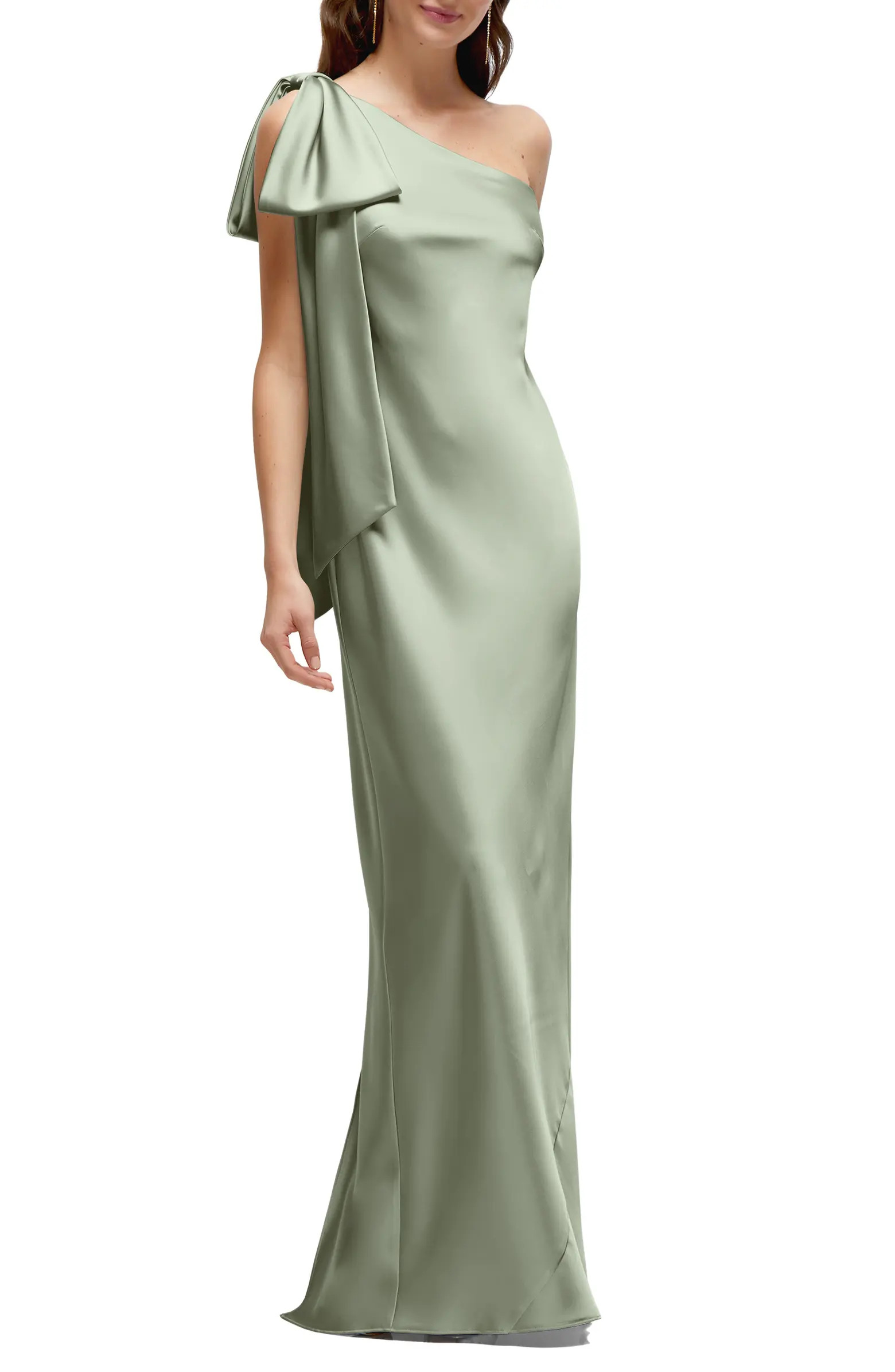 Bow Detail One-Shoulder Stretch Satin Charmeuse Gown | Nordstrom