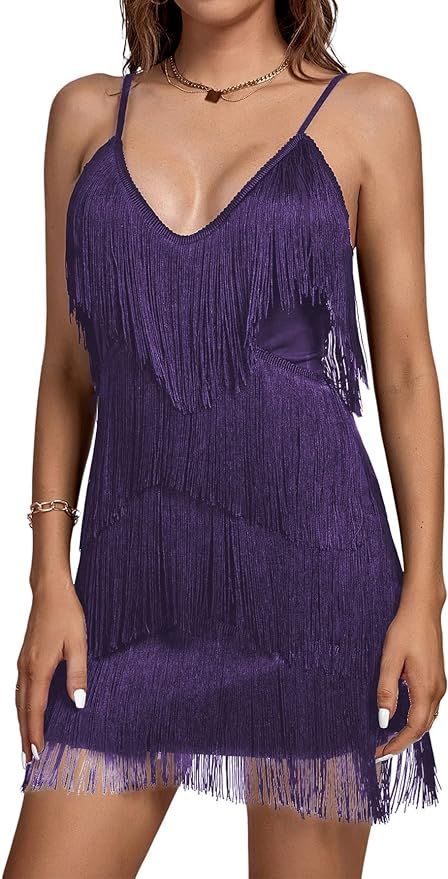 Umenlele Women's Layered Fringe Deep V Neck Cami Mini Dress Sleeveless Tassels Flapper Dresses | Amazon (US)
