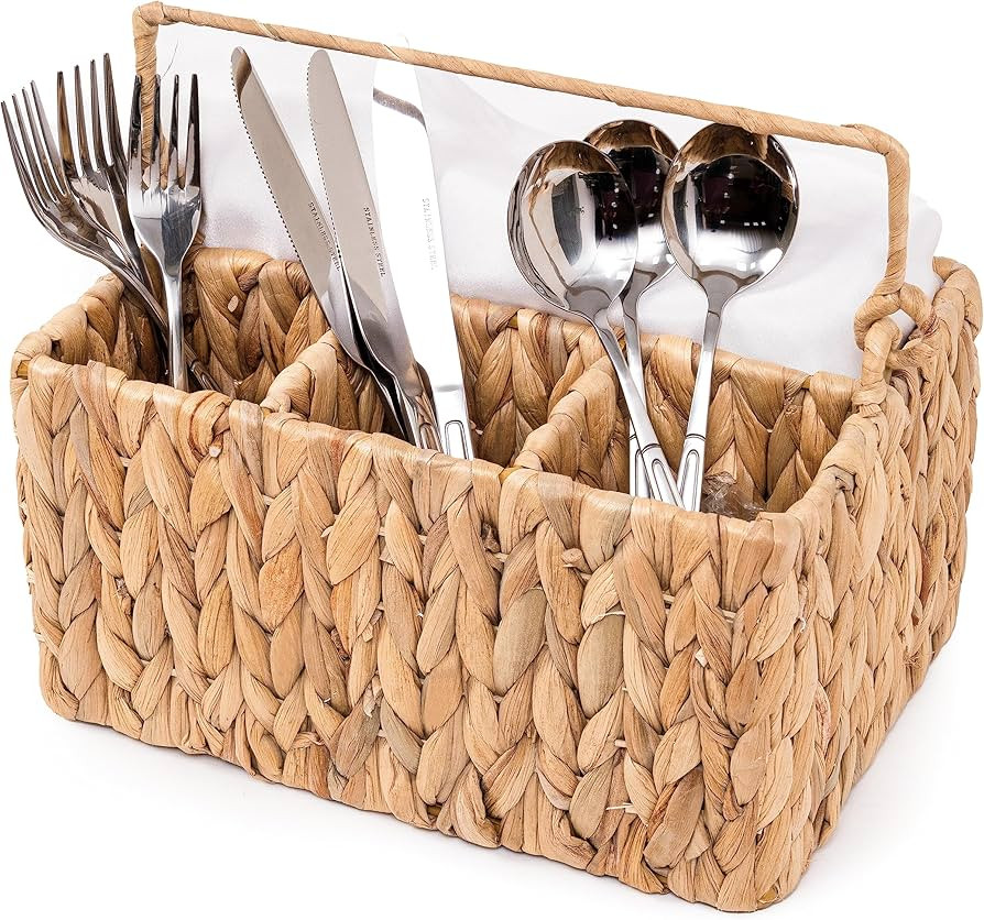 Amazon.com: KOLWOVEN Wicker Utensil Caddy Carrier, Wicker Flatware Organizer, Hand Woven Water Hy... | Amazon (US)