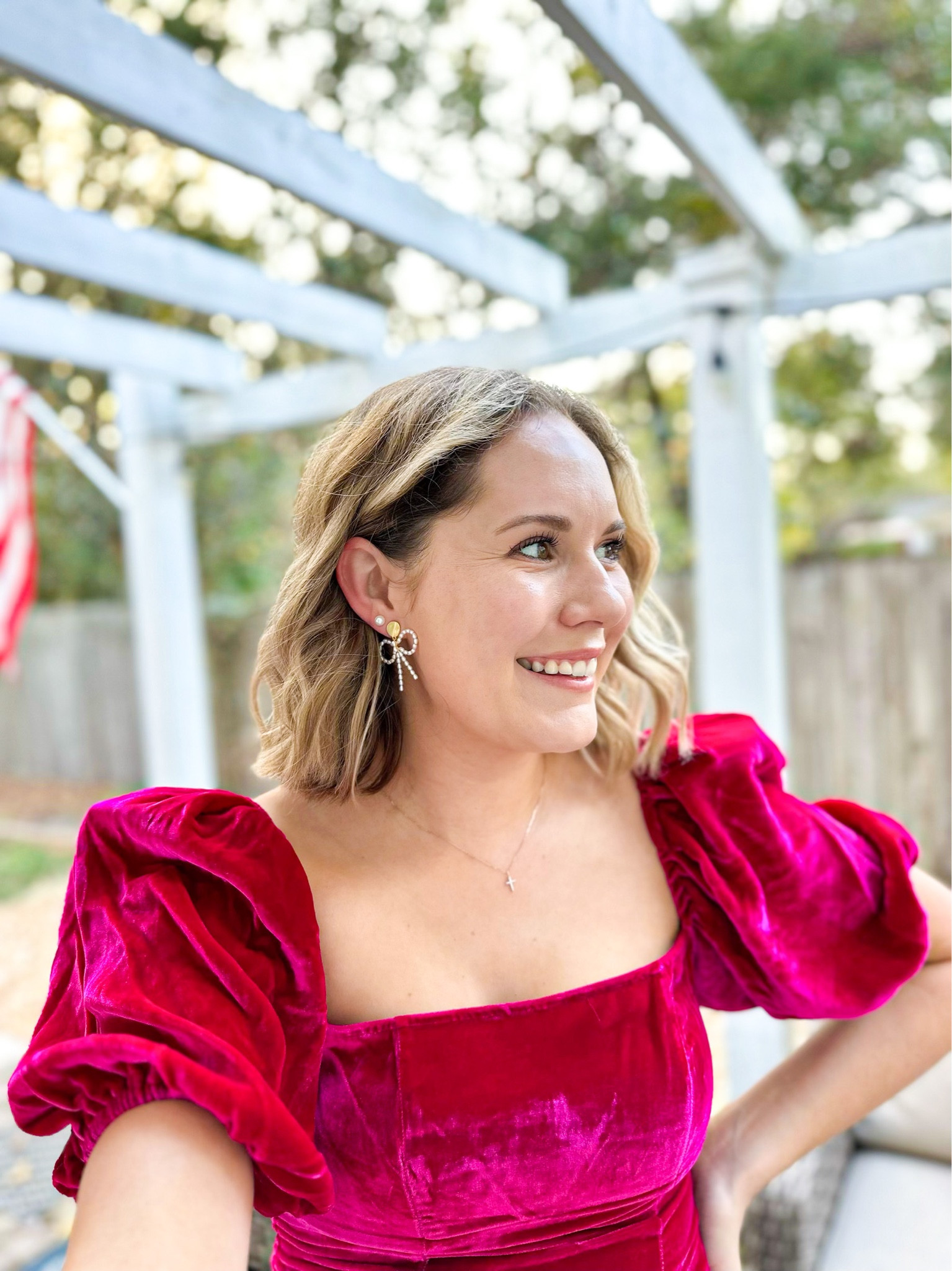 Date night look pink velvet reformation top Fromm Shopbop pearl bow earrings from madewell 

#LTKstyletip #LTKCyberweek #LTKHoliday