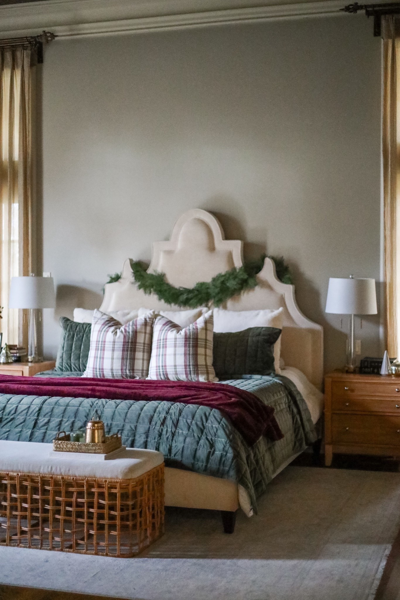 Bedroom decor, upholstered bed, nightstand, upholstered bench, crystal lamp, garland, christmas bedroom decor. 

#LTKHoliday #LTKHome