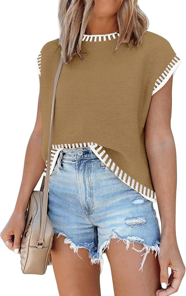 Womens Cap Sleeve Sweater Vest Summer Tops Sleeveless Tank 2025 Trendy Spring Clothes Striped Sho... | Amazon (US)