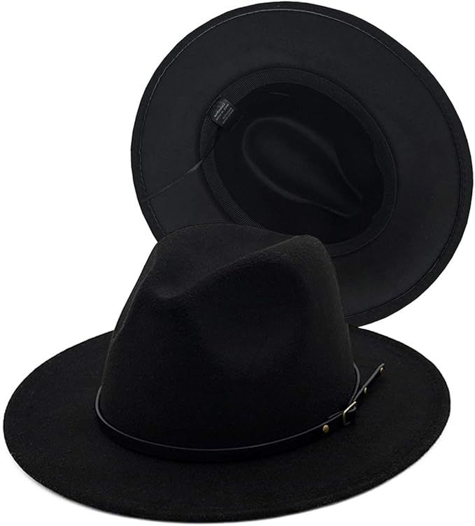 Guoo Women Fedora Hat Wide Brim Felt hat with Belt Buckle Panama Hat Vintage Jazz Hat | Amazon (US)
