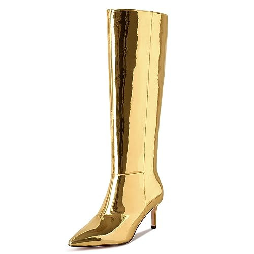 wetkiss Knee High Gold Metallic Boots for Women Gold Knee High Boots Tall Chrome Boots Knee High Stiletto Boots Pointed Toe Long Boots for Womens Thigh High Metallic Boots Wide Calf Tall Boots | Amazon (US)