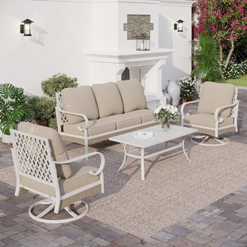 SUNSHINE VALLEY 4 PCS Metal Outdoor Patio Furniture Set, Patio Conversation Sets 1 3-seater Sofa, 2 Swivel Chairs with 5.75" Extra Thick Cushion and Coffee Table, White Frame Backyard Furniture, Beige | Amazon (US)