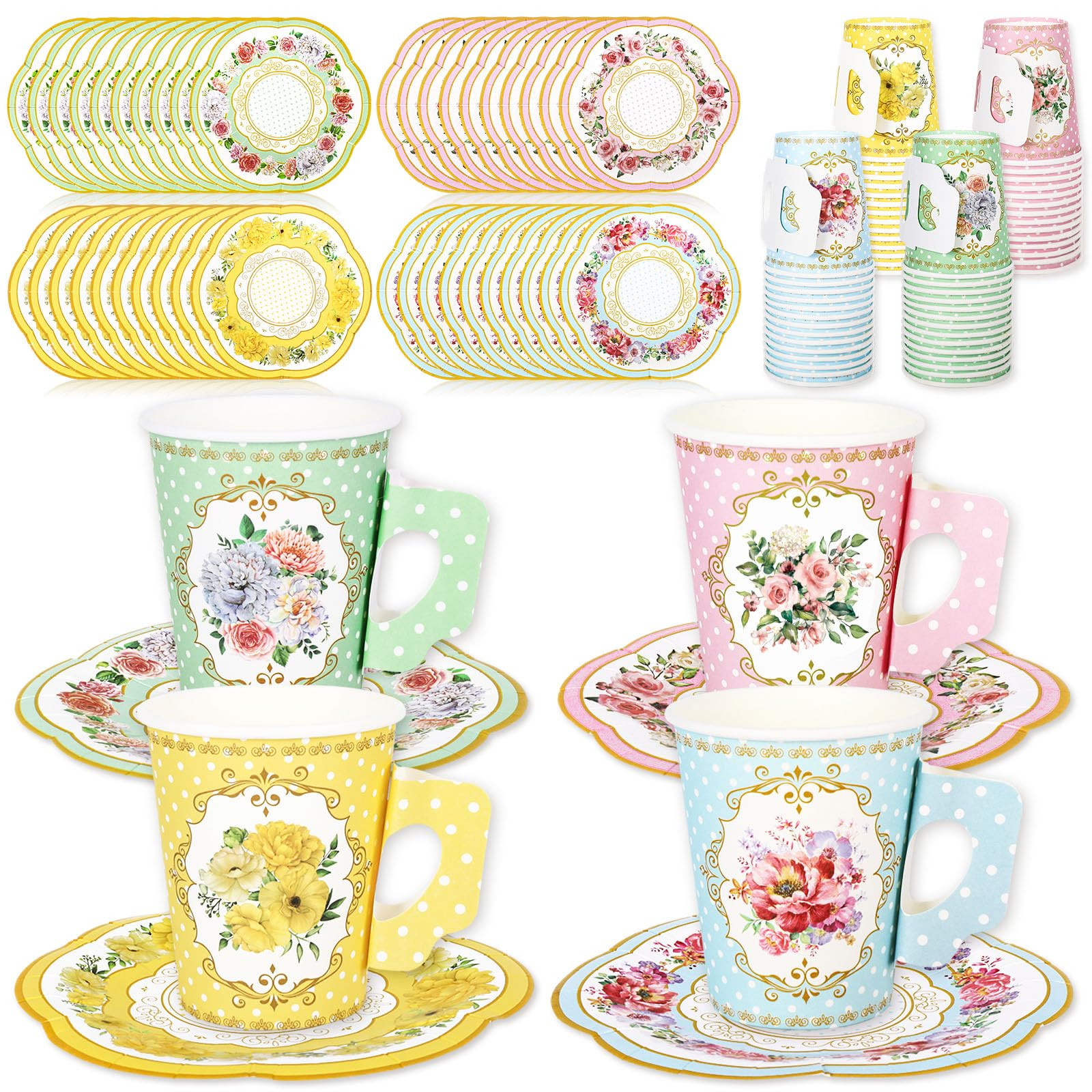 120 tazas de té para fiestas, 60 tazas de té de papel floral de 9 onzas, rosa, amarillo, azul, ... | Amazon (US)