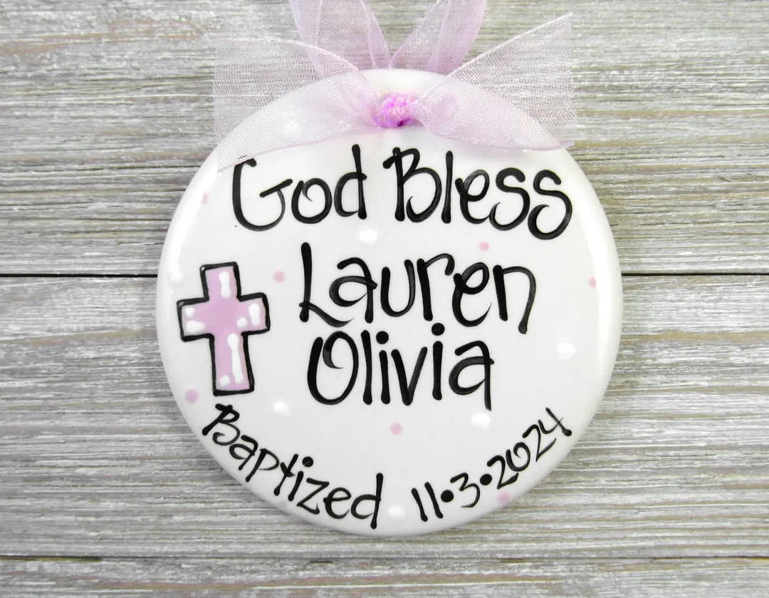 Personalized Baptism Ornament with Cross for Girls in Pink | Etsy (US)