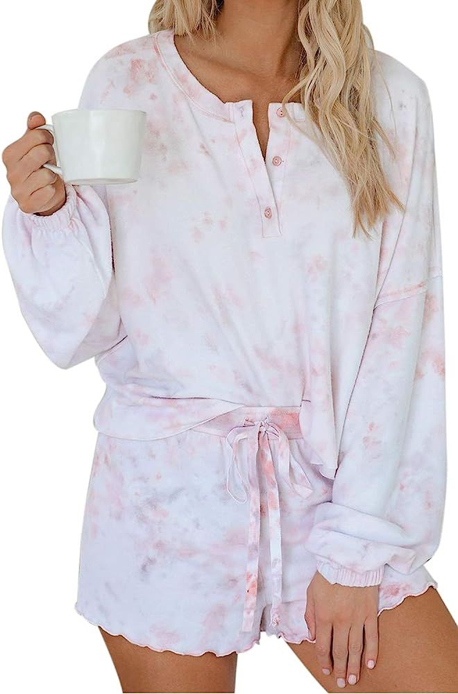 Women's Tie Dye Printed Ruffle Long Sleeve Short Pajamas Set Sleepwear Nightwear | Amazon (US)