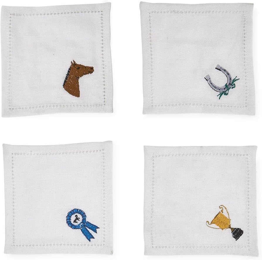 Two's Company Thoroughbred Set of 4 Embroidered Hemstitch Cocktail Napkins with 4 Designs | Amazon (US)