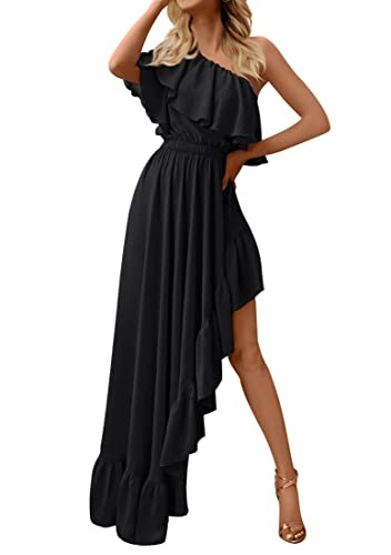 ZESICA Women's Summer Boho One Shoulder Sleeveless Ruffle Asymmetrical High Low Flowy Prom Gown Wedding Long Dress,Black,Small | Amazon (US)