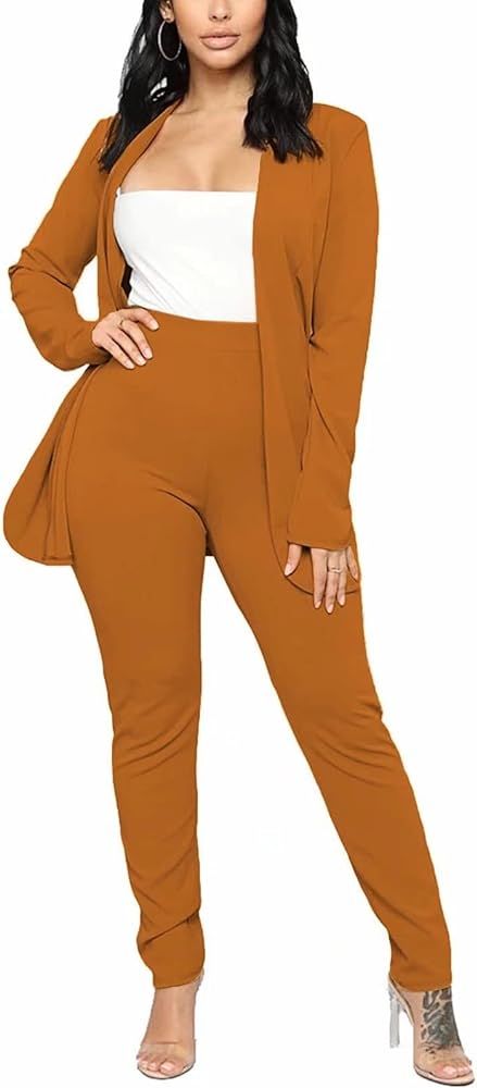 Aro Lora Women's 2 Piece Outfit Casual Solid Open Front Blazer and Pencil Pant Suits Set | Amazon (US)