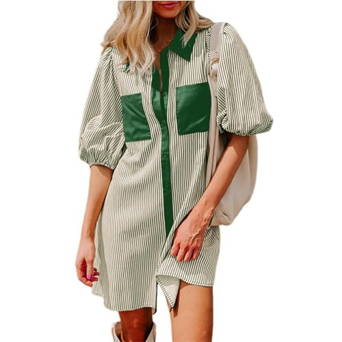 NBXNZWF Womens Button Down Shirt Dresses with Pockets Striped Shirts Collared Tunics Dresses | Amazon (US)